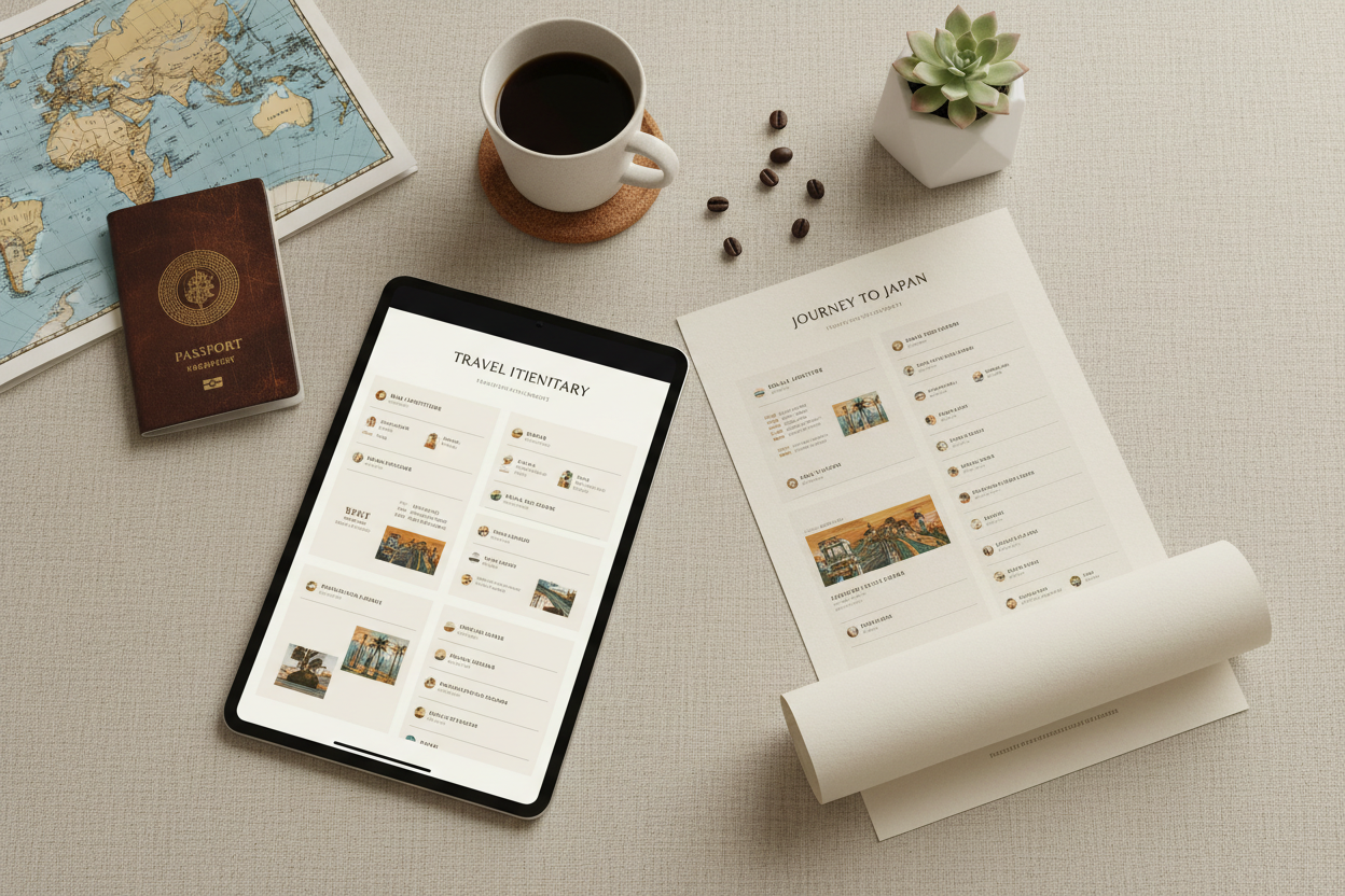 Travel itinerary template shown on tablet and printed paper with passport and map